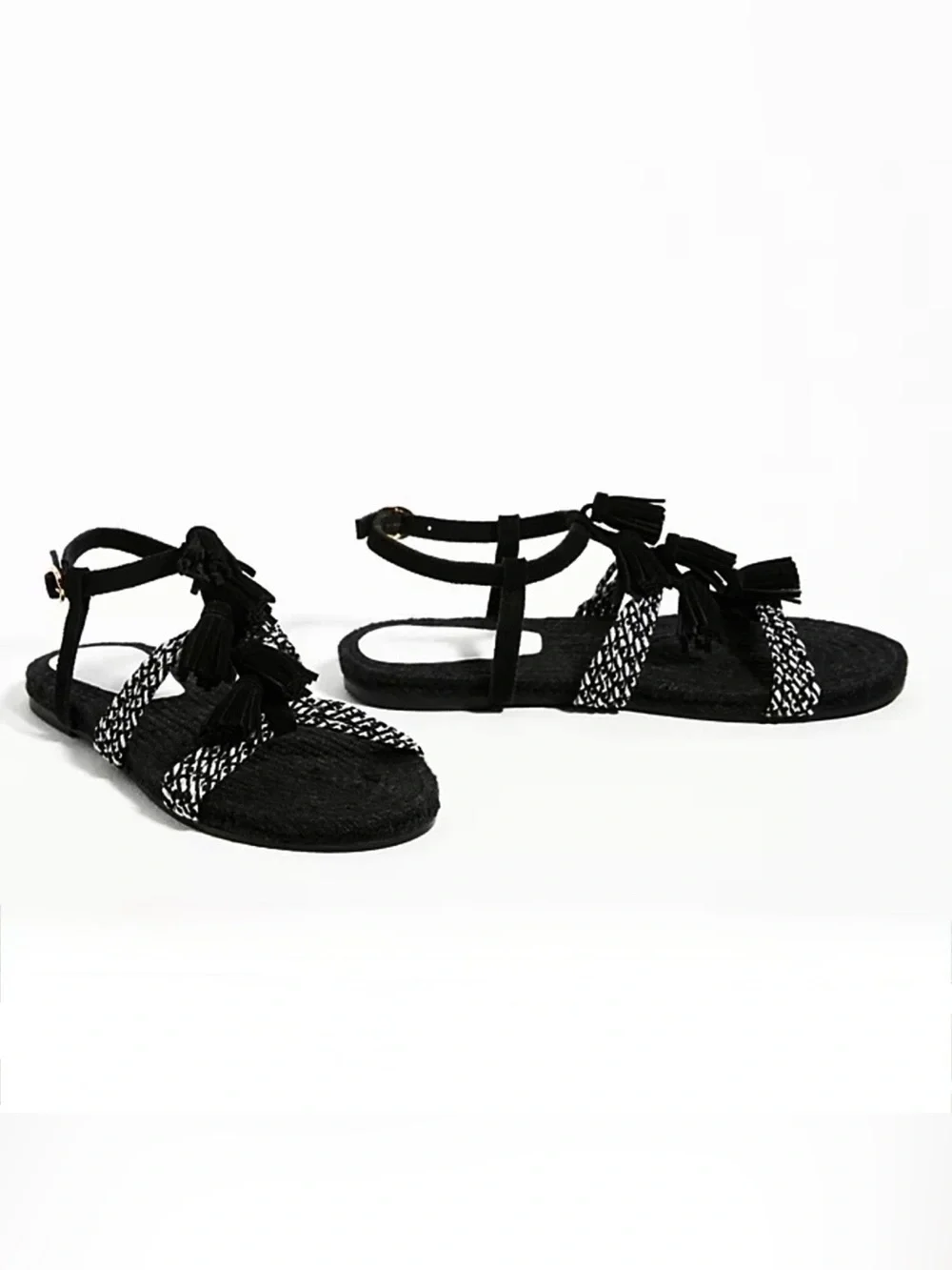 Anthropologie Fringed Rope Tassel Sandals Black White Woven Boho Sandals Sz 8💛